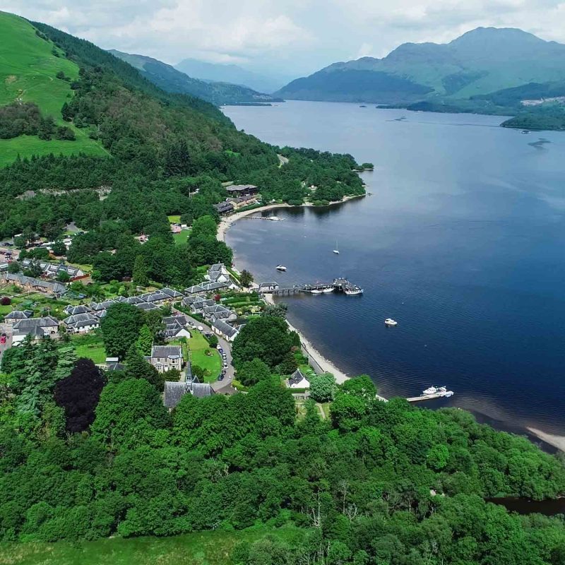 An aerial view of Luss by Loch Lomond