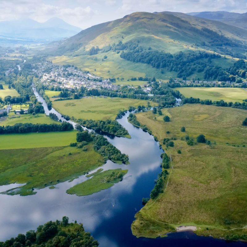 Loch Tay and mountains, aerial view during summer, Perthshire, Scotland