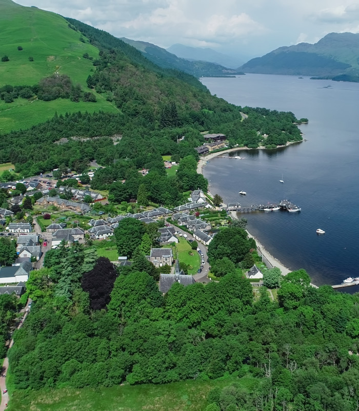Aerial image over the picturesque village of Luss on the banks of Loch Lomond