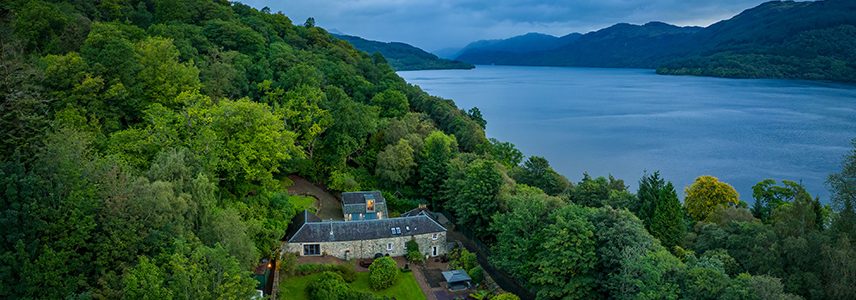 An aerial view of in Stuckdarach house by Loch Lomond