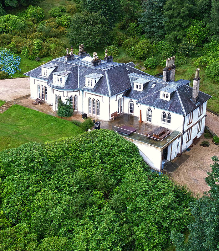 An aerial view of Stuckgowan house by Loch Lomond