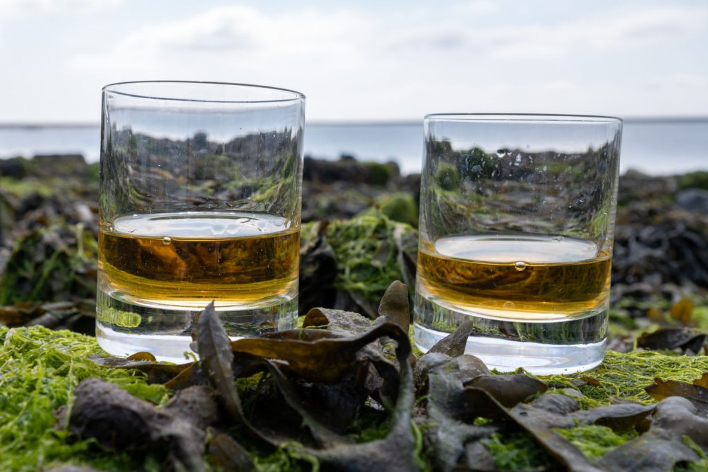 Two glasses of whisky by the water.