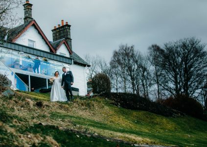 Bride and Groom outside Stucktaymore House