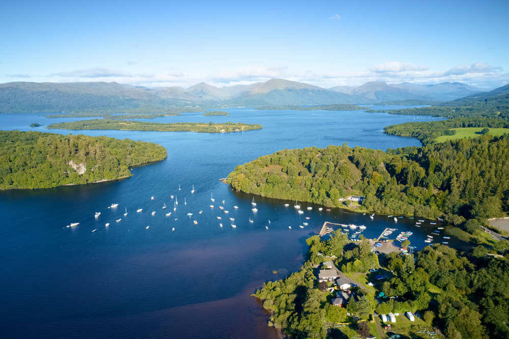 Aerial view of Balmaha Scottish village at Loch Lomond.