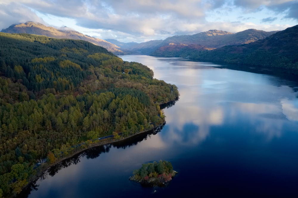 Loch Lomond aerial view at sunrise on an Autumn day near Tarbet.