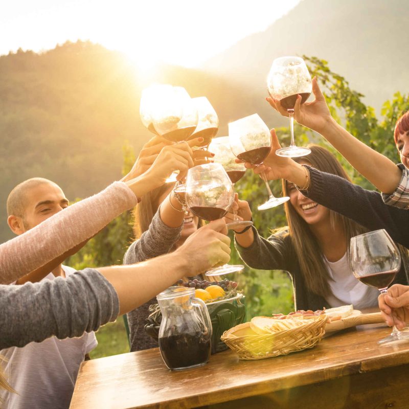 Group of friends drinking outside their holiday property