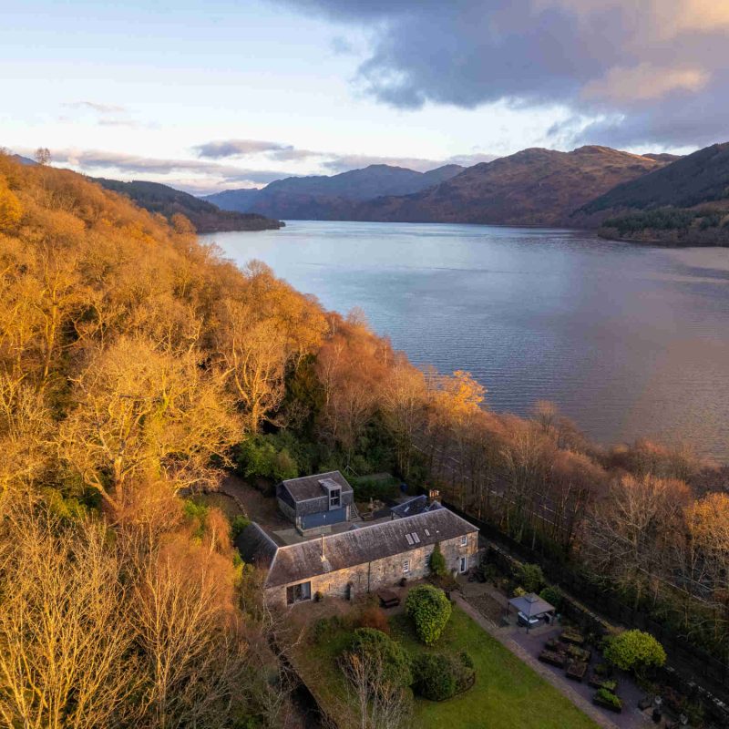 Aerial view of Stuckdarach House overlooking Loch Lomond