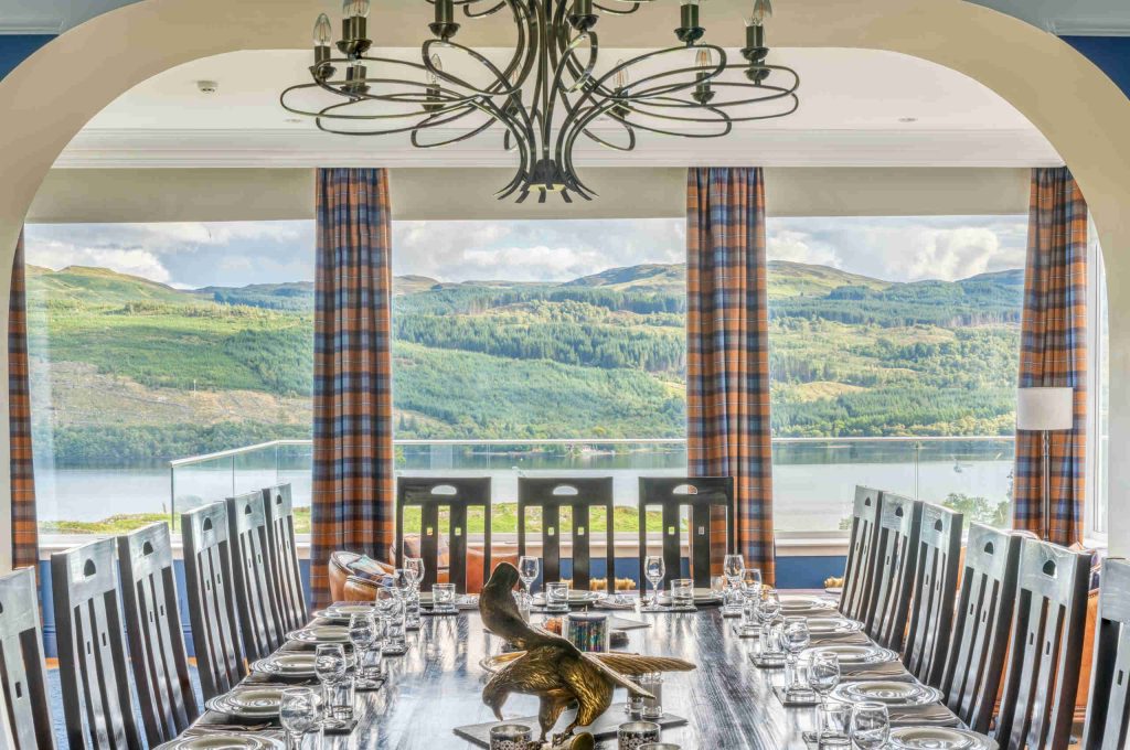 Dining table with view of Loch Tay