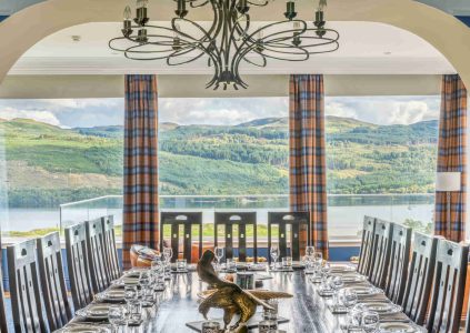 Dining table with view of Loch Tay