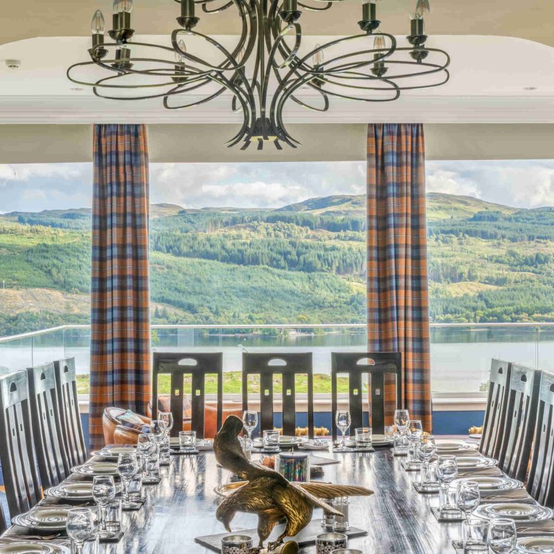 Dining table with view of Loch Tay