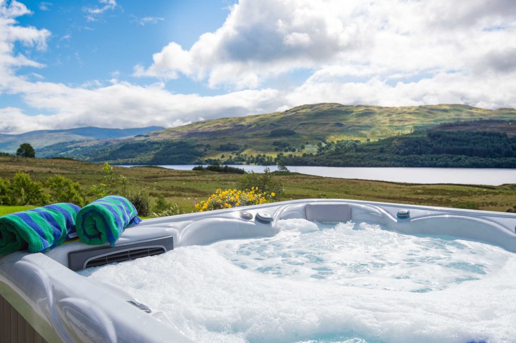 Bubbling hot tub with view of Loch Tay