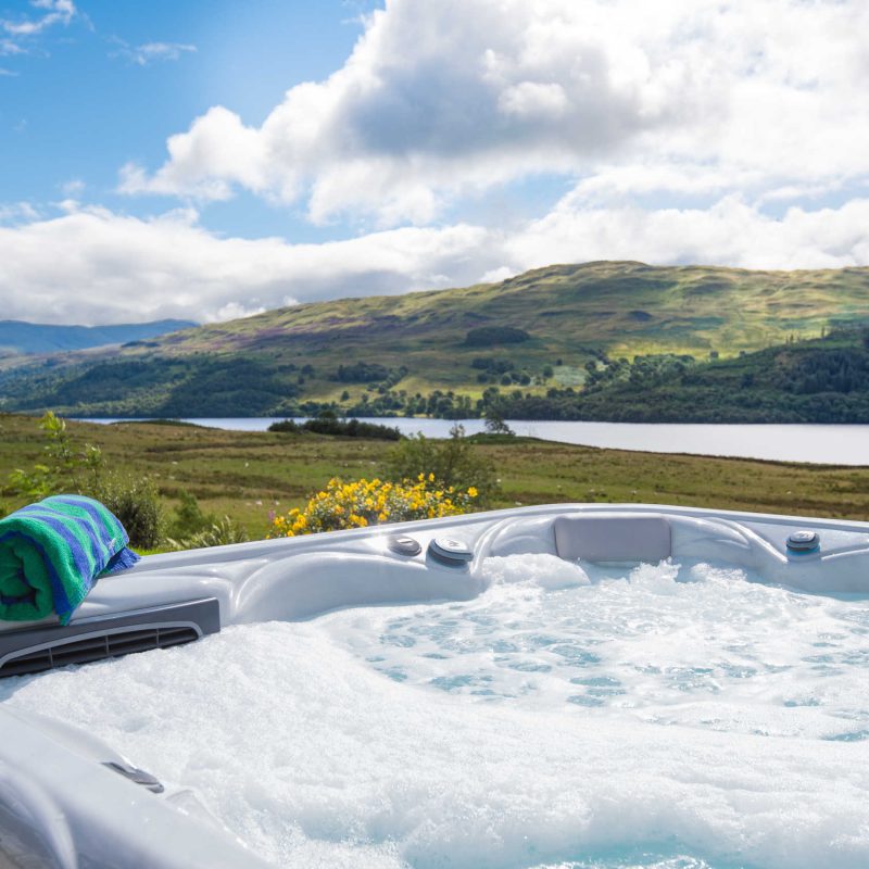 Bubbling hot tub with view of Loch Tay