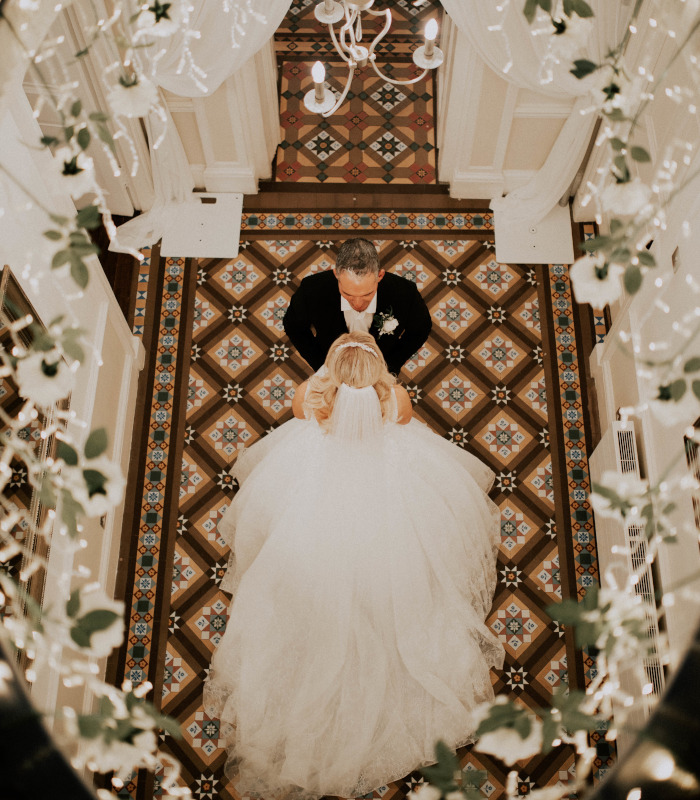 View from above of Bride and Groom at Stuckgowan House